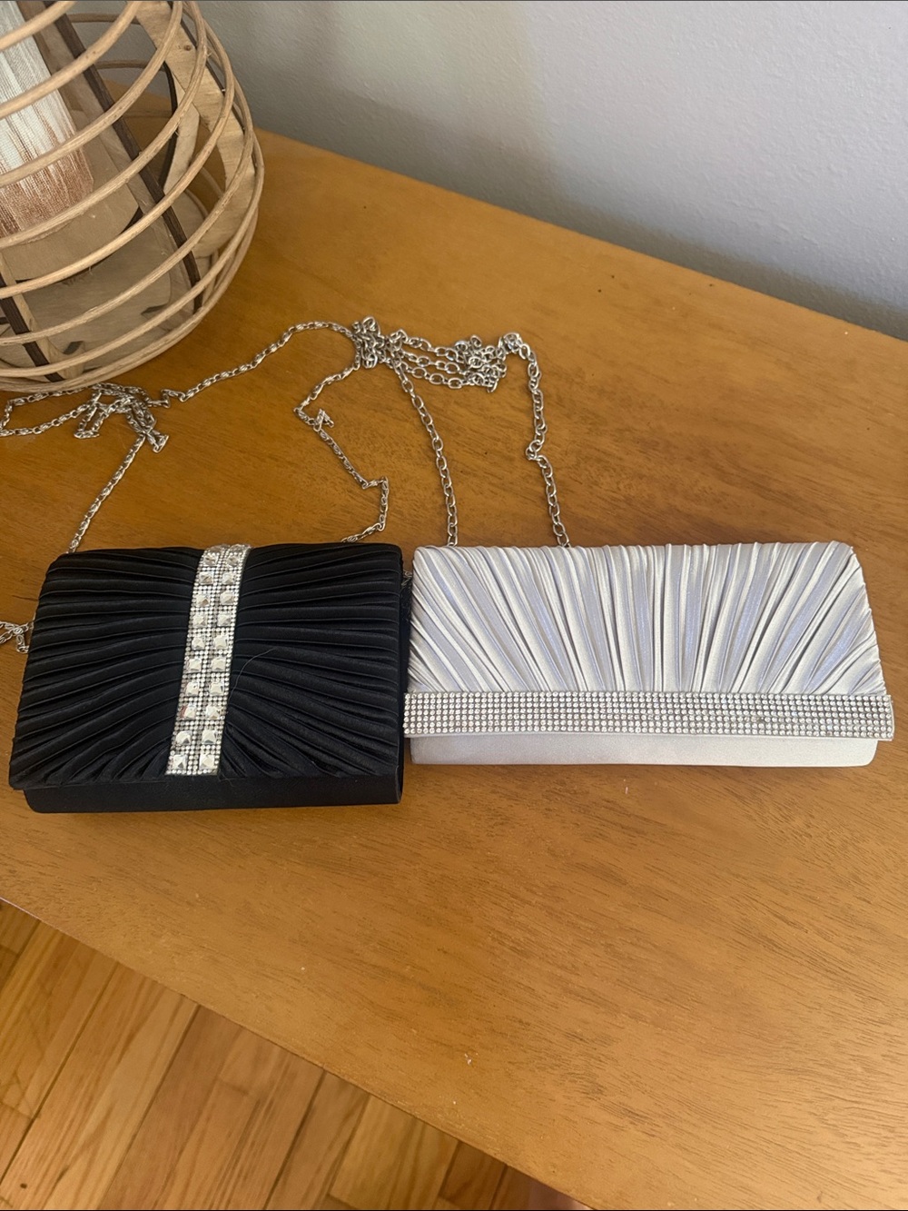 Elegant Pleated Evening Clutch with Rhinestone Trim - Black
